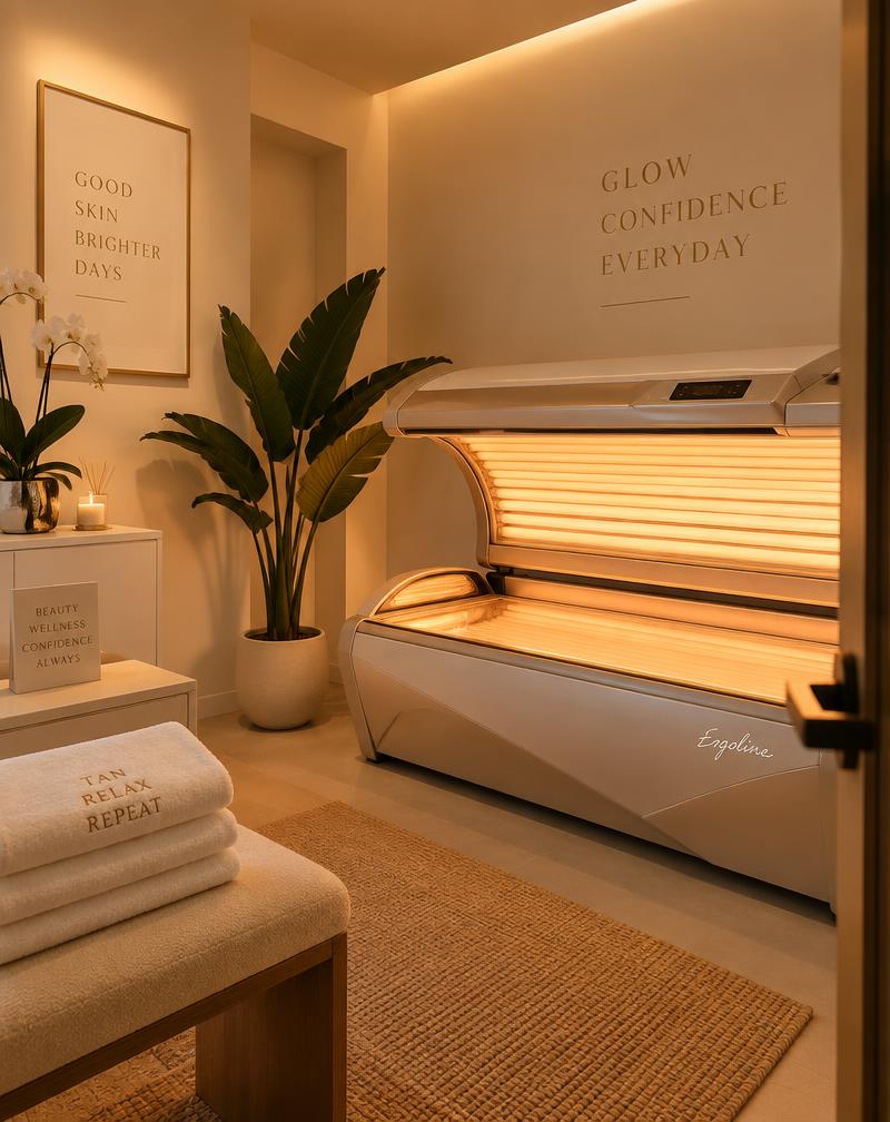 Modern tanning bed room at Luna Beauty Studio